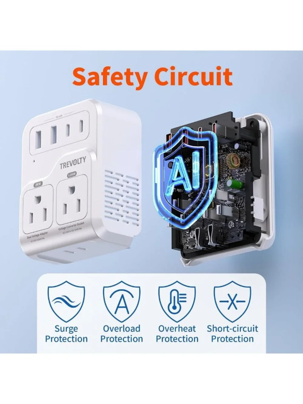 2000W Voltage Converter for European Travel, 7-in-1 Adapter with 3 AC/2 USB